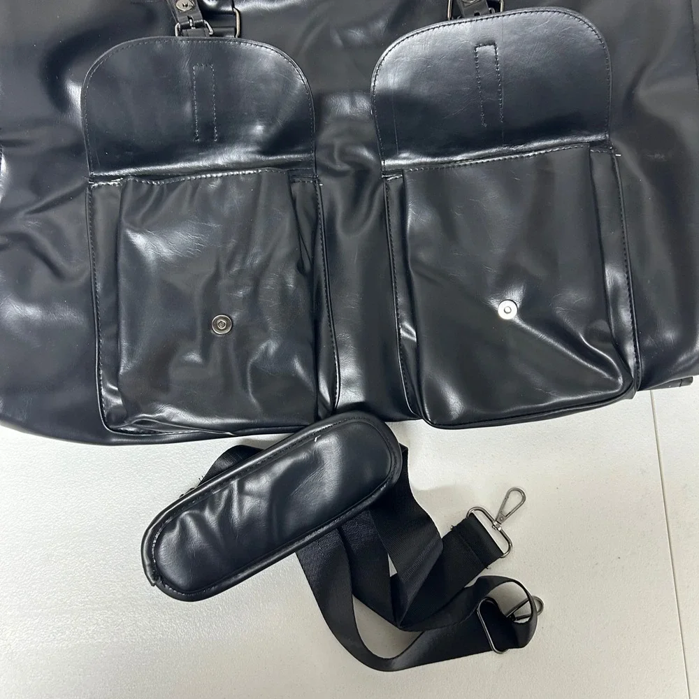 Duffel Bag Large Black Faux Leather Buckle Pocket Travel 15x21.5